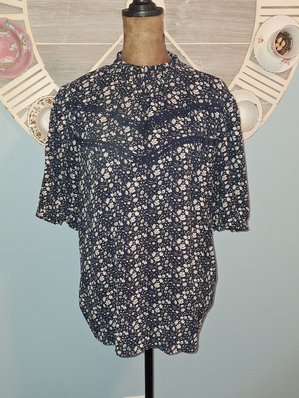 LOFT Navy and White Floral Smocked Blouse